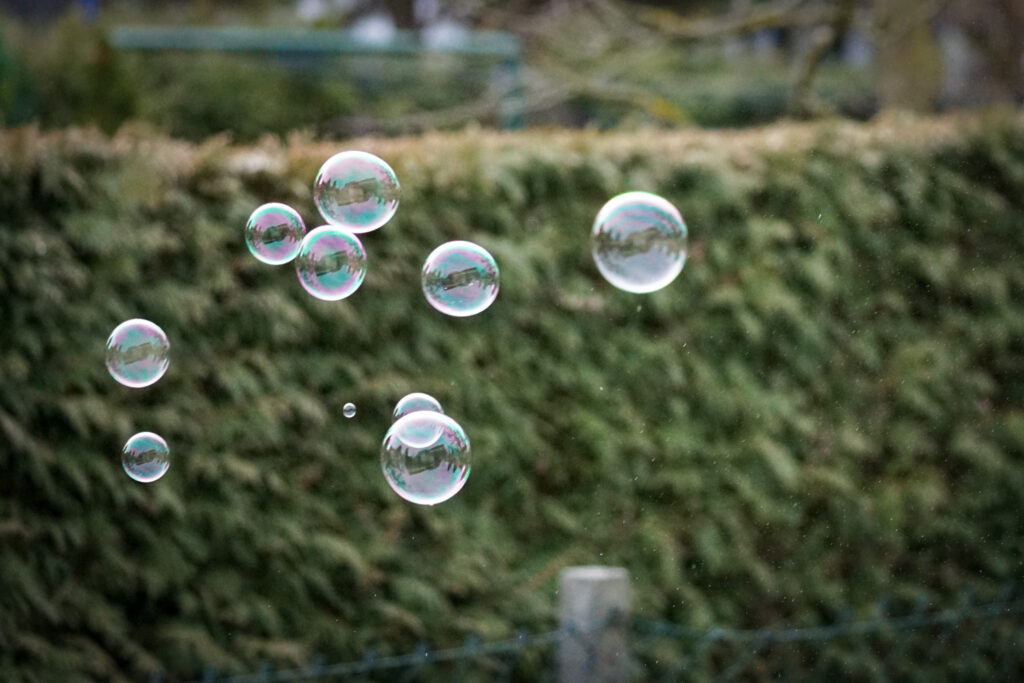 Mehrere schillernde Seifenblasen schweben in der Luft vor einer unscharf dargestellten grünen Hecke im Hintergrund.